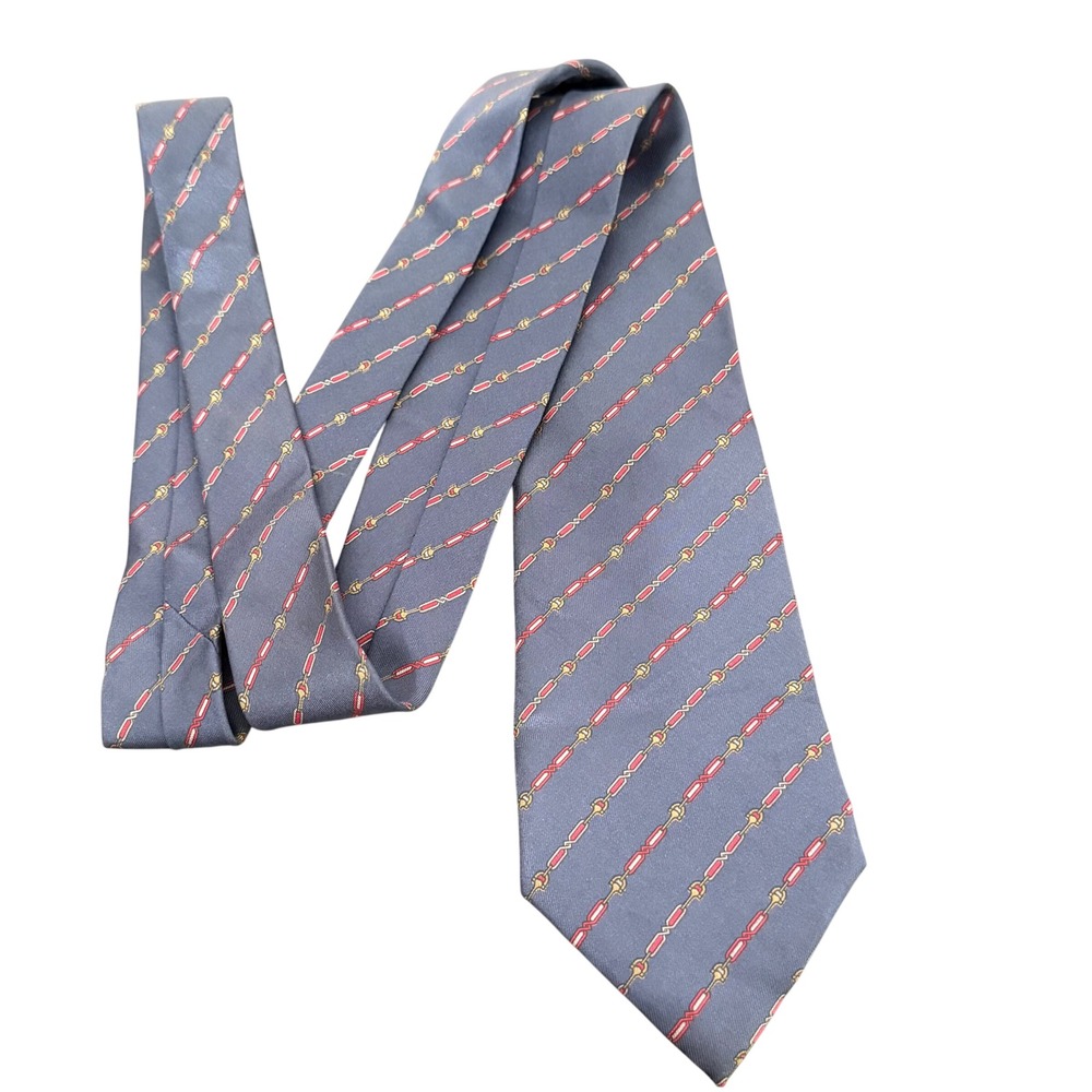 Lanvin Chain Link‎ Silk Necktie Blue Gold Men Equestrian Horsebit Motif